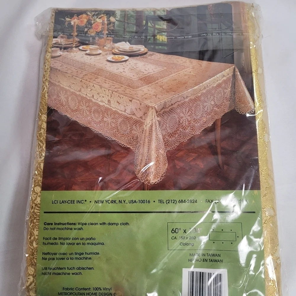 NIP Gold Mylar Vinyl Tablecloth Oblong 60